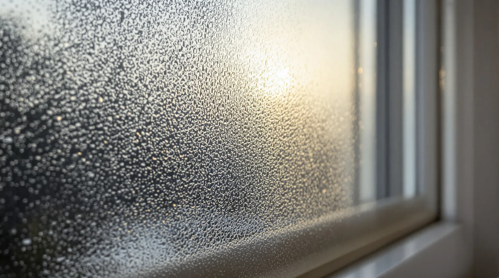 Buée de condensation entre les deux vitres d'une fenêtre à double vitrage au Québec en hiver
